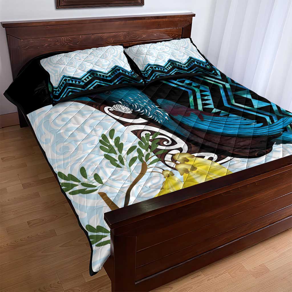 New Zealand Silver Fern Tui Bird Quilt Bed Set Maori Kowhai Paua Shell Taniko Motifs