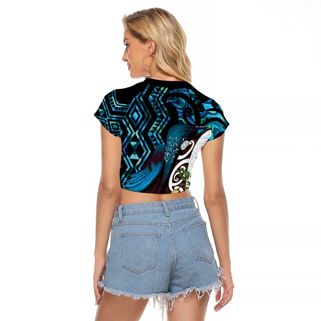 New Zealand Silver Fern Tui Bird Raglan Cropped T Shirt Maori Kowhai Paua Shell Taniko Motifs LT14 - Polynesian Pride