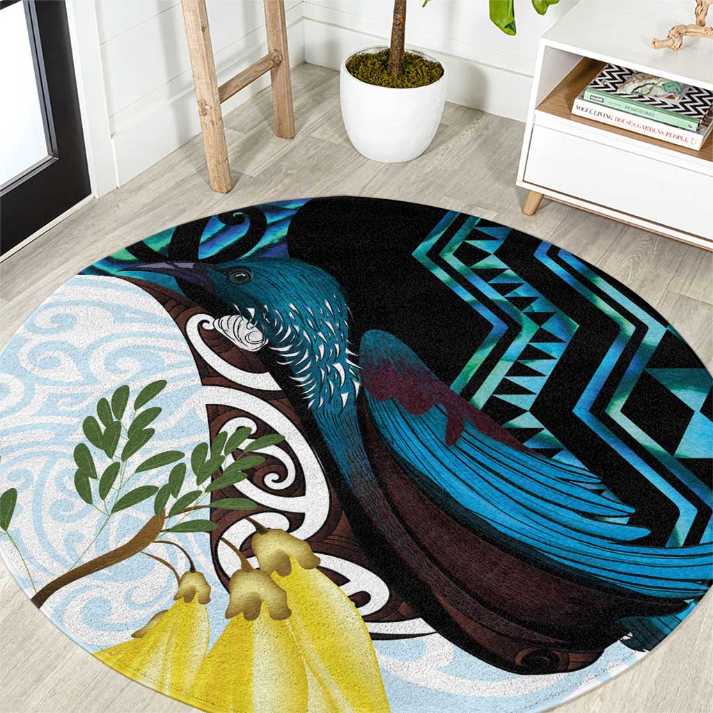 New Zealand Silver Fern Tui Bird Round Carpet Maori Kowhai Paua Shell Taniko Motifs LT14 Turquoise - Polynesian Pride
