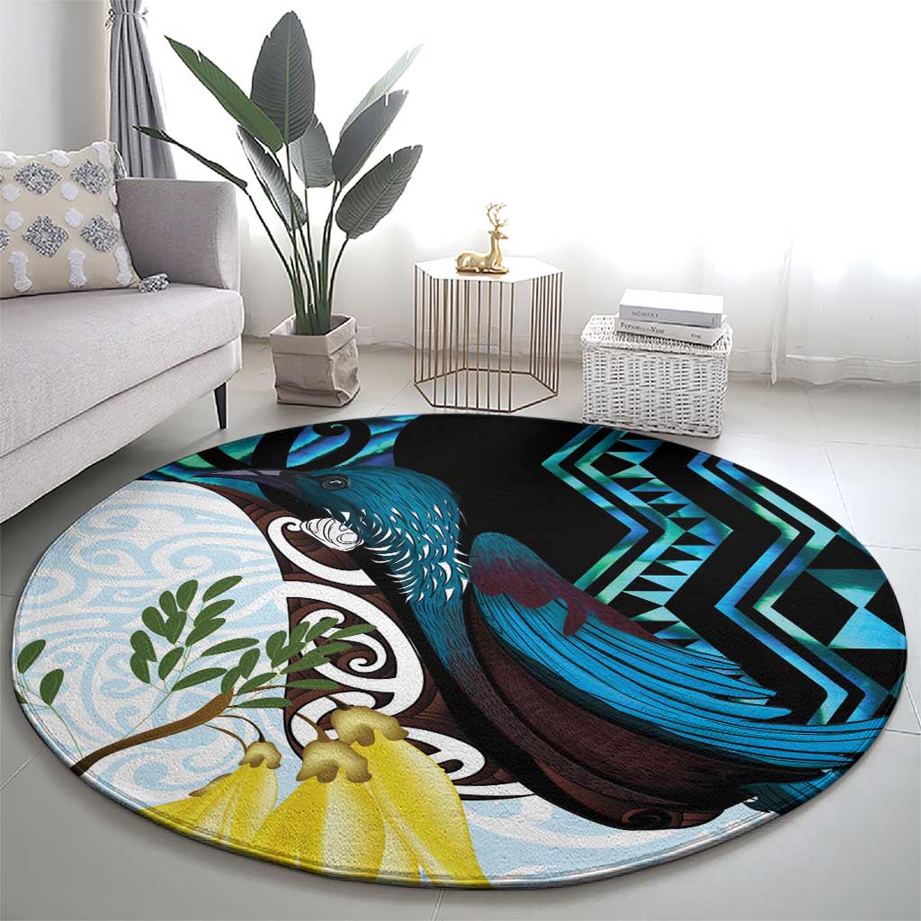 New Zealand Silver Fern Tui Bird Round Carpet Maori Kowhai Paua Shell Taniko Motifs LT14 - Polynesian Pride
