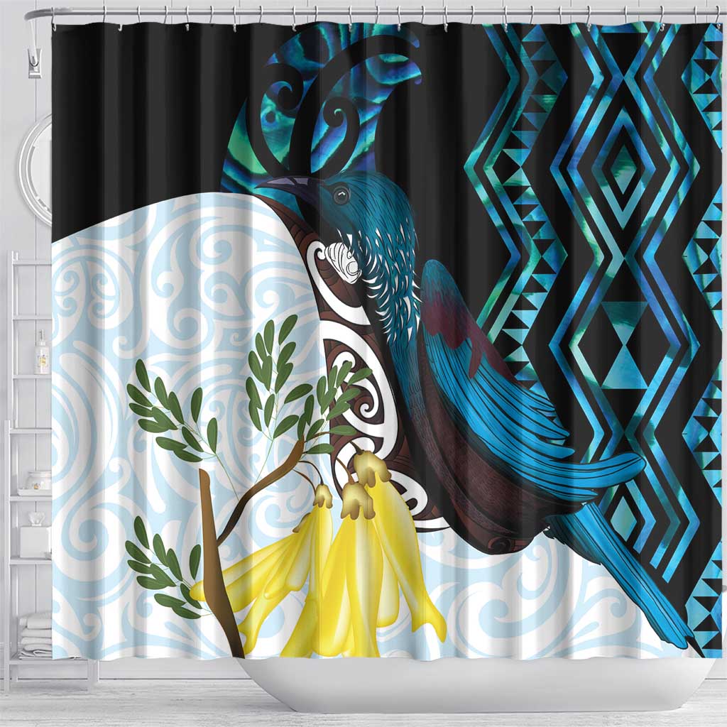 New Zealand Silver Fern Tui Bird Shower Curtain Maori Kowhai Paua Shell Taniko Motifs LT14 - Polynesian Pride