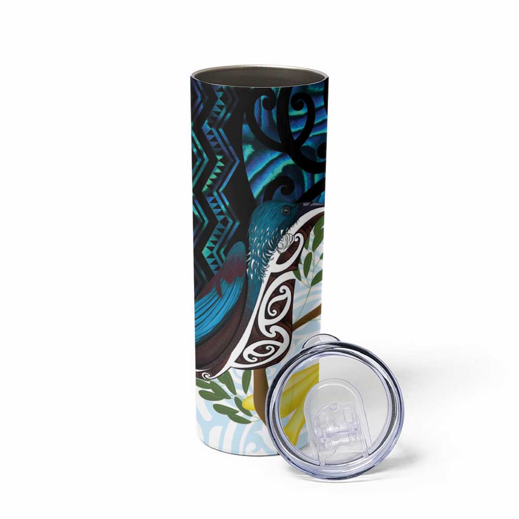 New Zealand Silver Fern Tui Bird Skinny Tumbler Maori Kowhai Paua Shell Taniko Motifs