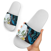 New Zealand Silver Fern Tui Bird Slide Sandals Maori Kowhai Paua Shell Taniko Motifs - Polynesian Pride