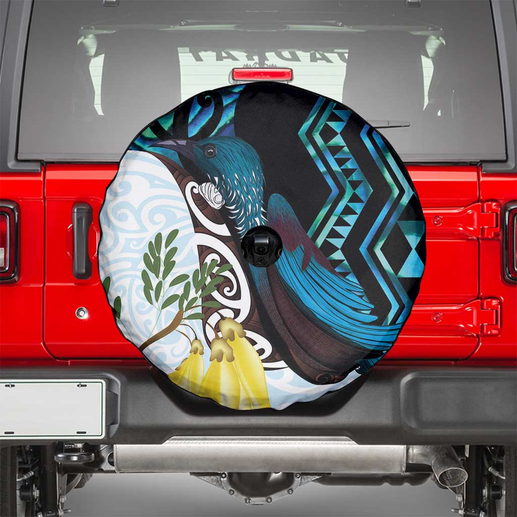 New Zealand Silver Fern Tui Bird Spare Tire Cover Maori Kowhai Paua Shell Taniko Motifs LT14 - Polynesian Pride