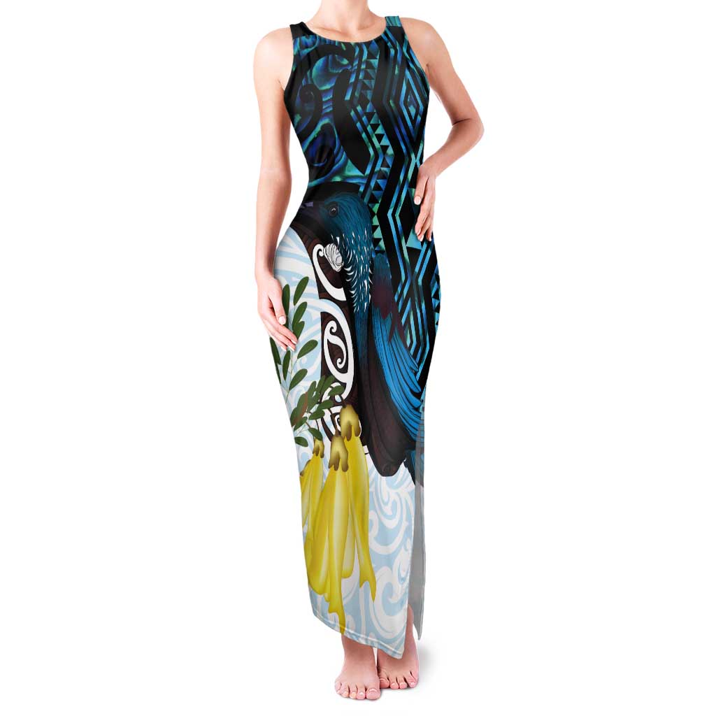 New Zealand Silver Fern Tui Bird Tank Maxi Dress Maori Kowhai Paua Shell Taniko Motifs LT14 Women Turquoise - Polynesian Pride