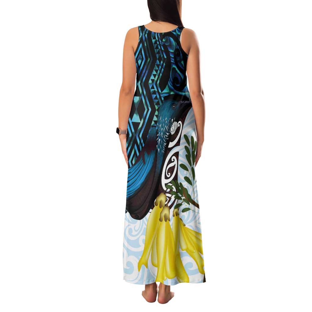 New Zealand Silver Fern Tui Bird Tank Maxi Dress Maori Kowhai Paua Shell Taniko Motifs LT14 - Polynesian Pride