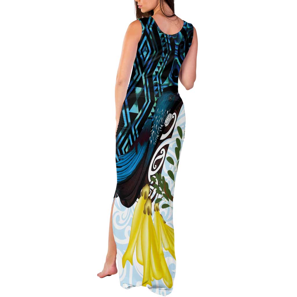 New Zealand Silver Fern Tui Bird Tank Maxi Dress Maori Kowhai Paua Shell Taniko Motifs LT14 - Polynesian Pride