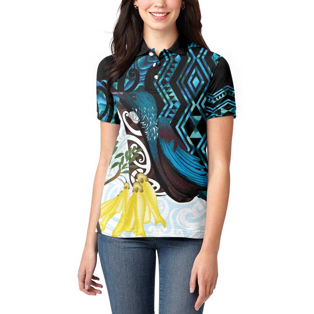 New Zealand Silver Fern Tui Bird Women Polo Shirt Maori Kowhai Paua Shell Taniko Motifs LT14 - Polynesian Pride