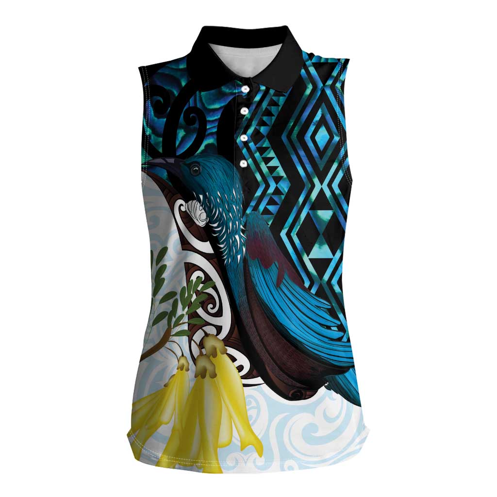 New Zealand Silver Fern Tui Bird Women Sleeveless Polo Shirt Maori Kowhai Paua Shell Taniko Motifs