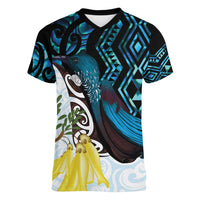 New Zealand Silver Fern Tui Bird Women V-Neck T-Shirt Maori Kowhai Paua Shell Taniko Motifs LT14 Female Turquoise - Polynesian Pride