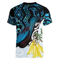 New Zealand Silver Fern Tui Bird Women V-Neck T-Shirt Maori Kowhai Paua Shell Taniko Motifs LT14 - Polynesian Pride
