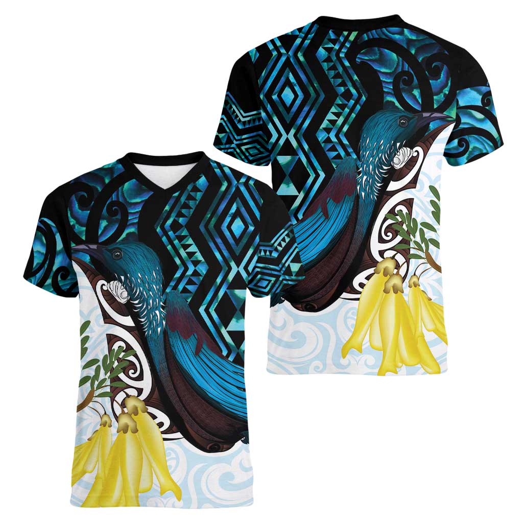 New Zealand Silver Fern Tui Bird Women V-Neck T-Shirt Maori Kowhai Paua Shell Taniko Motifs LT14 - Polynesian Pride