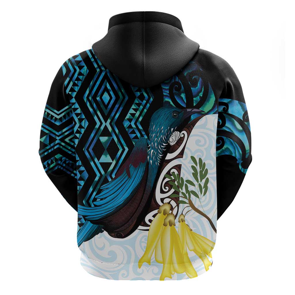New Zealand Silver Fern Tui Bird Zip Hoodie Maori Kowhai Paua Shell Taniko Motifs LT14 - Polynesian Pride
