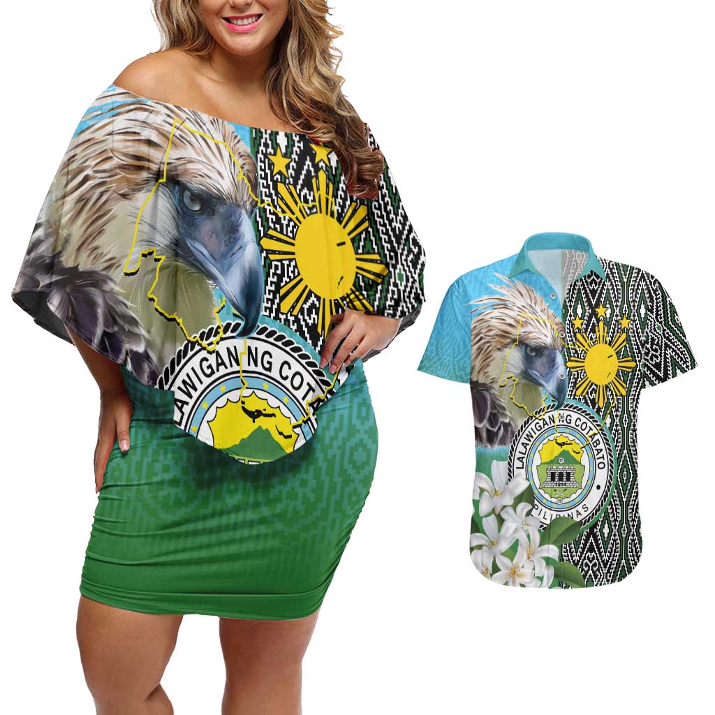 Cotabato Philippines Province Couples Matching Off Shoulder Short Dress and Hawaiian Shirt Filipino Eagle Sampaguita Tinalak Pattern
