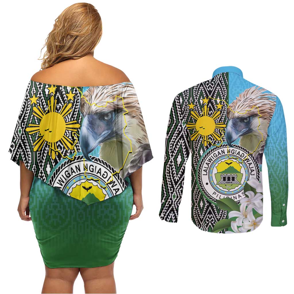 Cotabato Philippines Province Couples Matching Off Shoulder Short Dress and Long Sleeve Button Shirt Filipino Eagle Sampaguita Tinalak Pattern