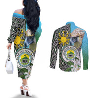 Cotabato Philippines Province Couples Matching Off The Shoulder Long Sleeve Dress and Long Sleeve Button Shirt Filipino Eagle Sampaguita Tinalak Pattern
