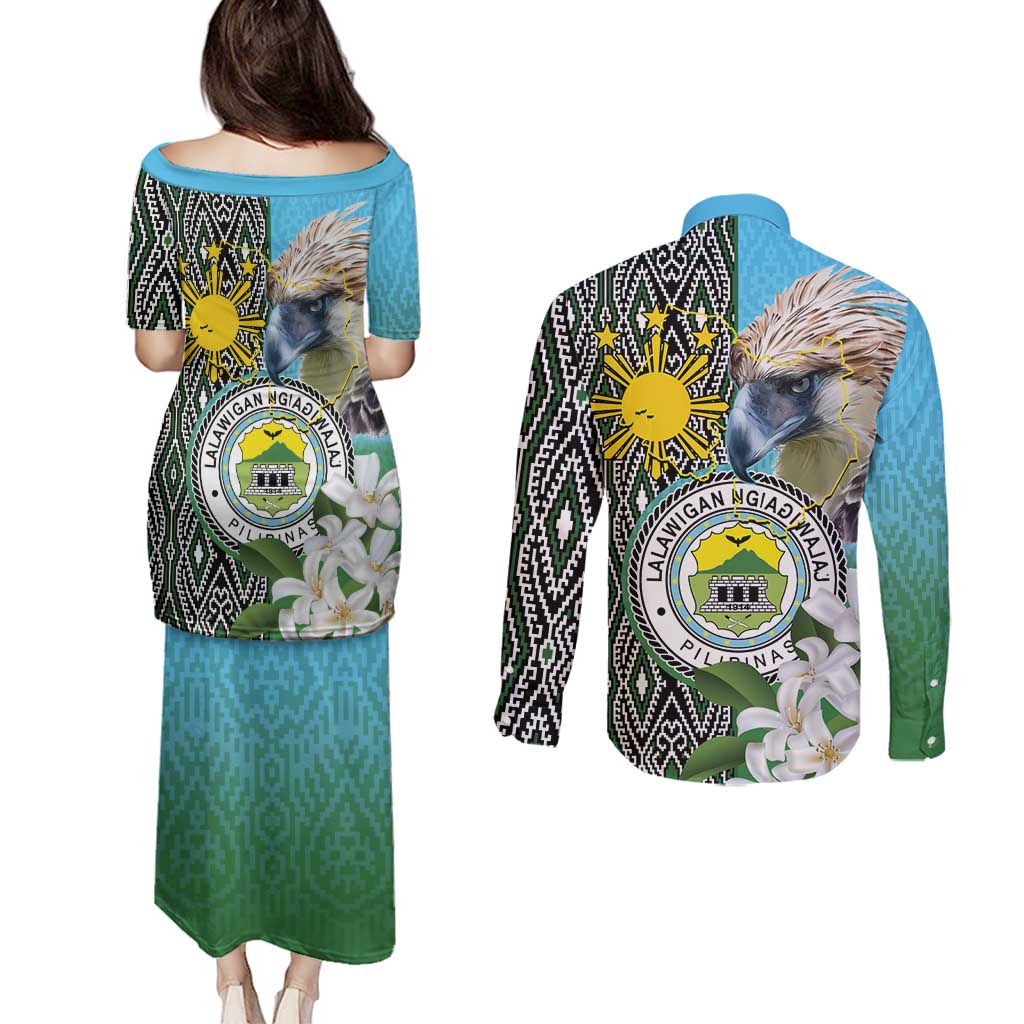 Cotabato Philippines Province Couples Matching Puletasi and Long Sleeve Button Shirt Filipino Eagle Sampaguita Tinalak Pattern