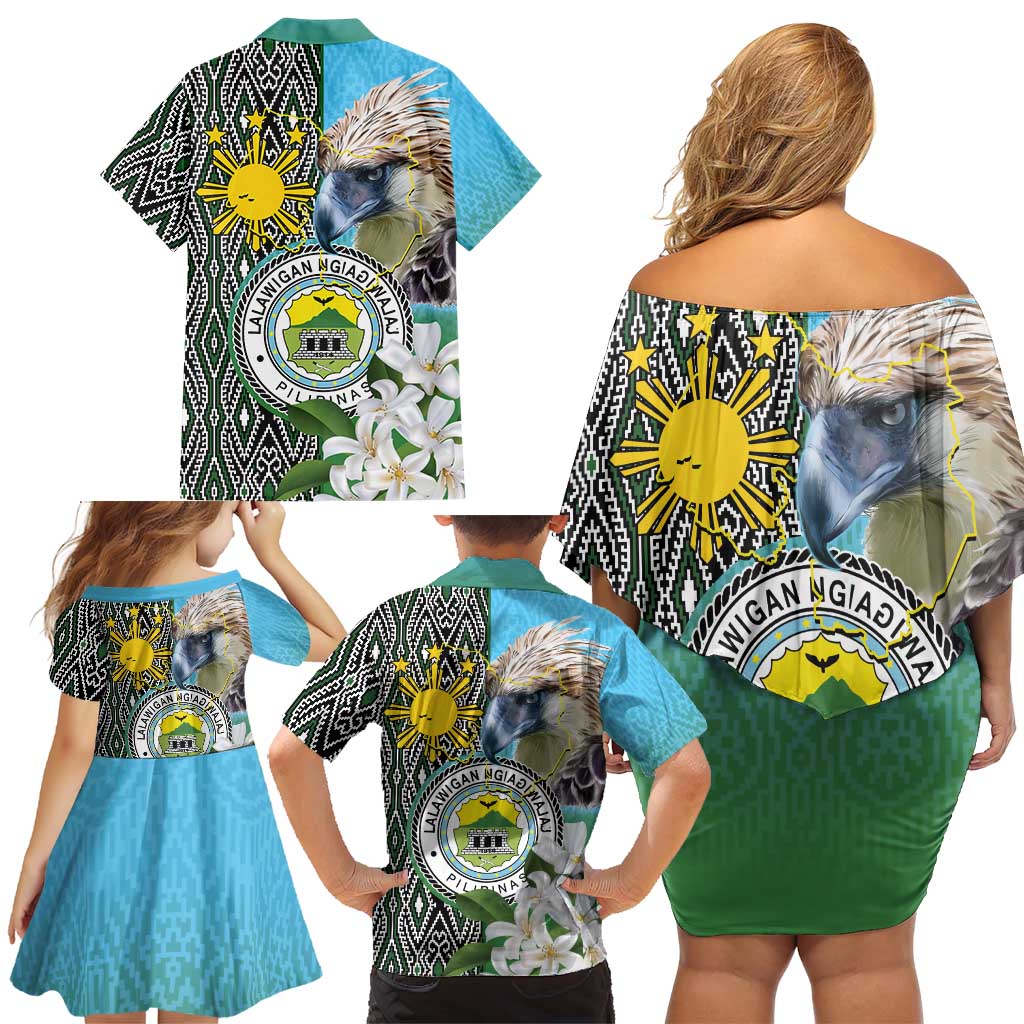 Cotabato Philippines Province Family Matching Off Shoulder Short Dress and Hawaiian Shirt Filipino Eagle Sampaguita Tinalak Pattern