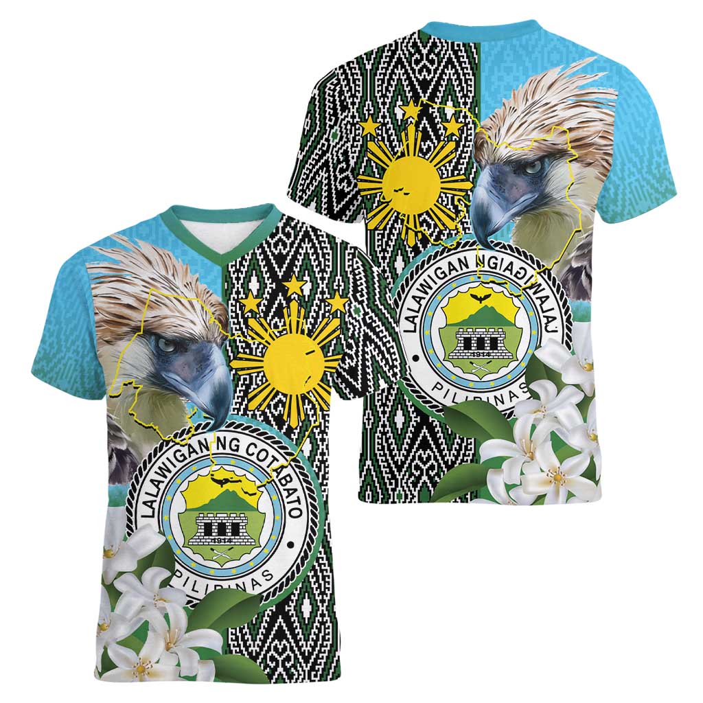 Cotabato Philippines Province Women V-Neck T-Shirt Filipino Eagle Sampaguita Tinalak Pattern