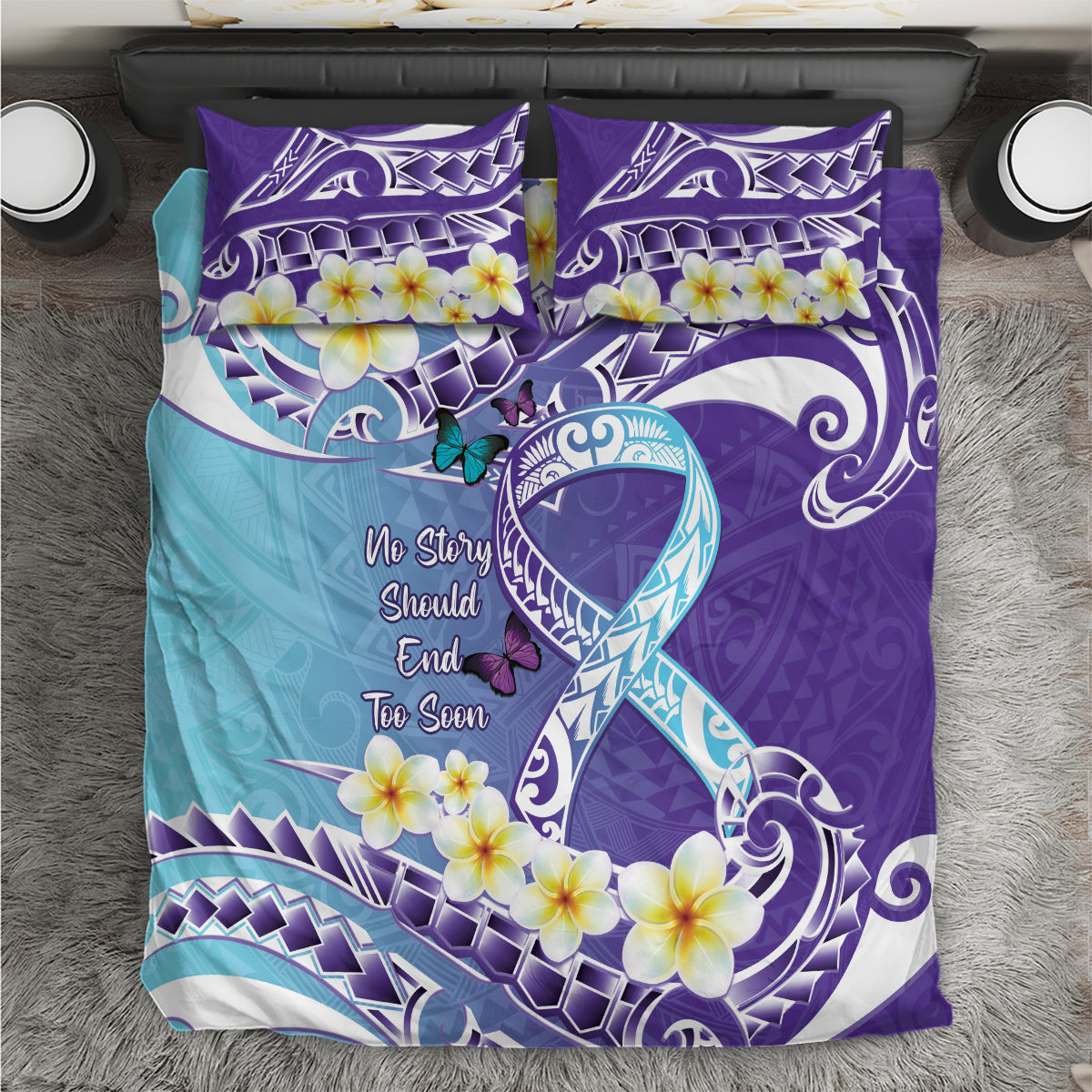 No Story Should End Too Soon Suicide Awareness Bedding Set Purple And Teal Polynesian Ribbon