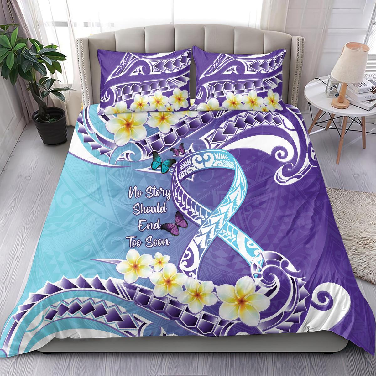 No Story Should End Too Soon Suicide Awareness Bedding Set Purple And Teal Polynesian Ribbon