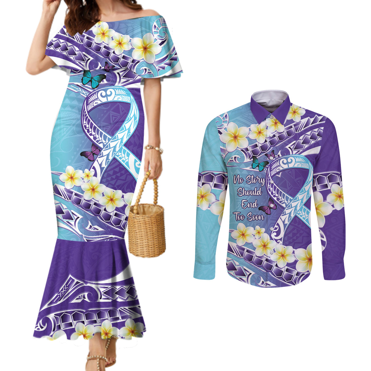 No Story Should End Too Soon Suicide Awareness Couples Matching Mermaid Dress and Long Sleeve Button Shirt Purple And Teal Polynesian Ribbon
