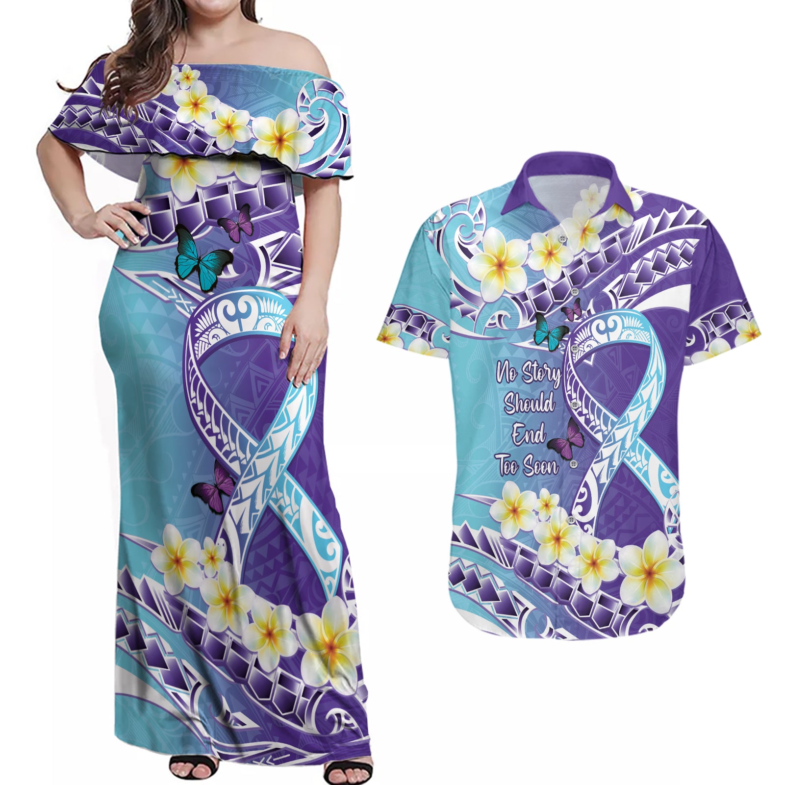 No Story Should End Too Soon Suicide Awareness Couples Matching Off Shoulder Maxi Dress and Hawaiian Shirt Purple And Teal Polynesian Ribbon