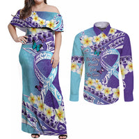 No Story Should End Too Soon Suicide Awareness Couples Matching Off Shoulder Maxi Dress and Long Sleeve Button Shirt Purple And Teal Polynesian Ribbon