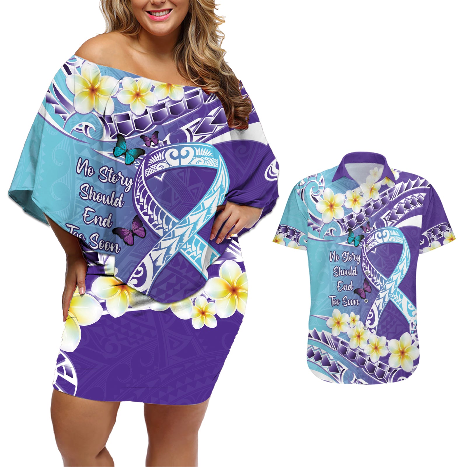 No Story Should End Too Soon Suicide Awareness Couples Matching Off Shoulder Short Dress and Hawaiian Shirt Purple And Teal Polynesian Ribbon