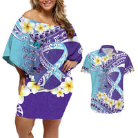 No Story Should End Too Soon Suicide Awareness Couples Matching Off Shoulder Short Dress and Hawaiian Shirt Purple And Teal Polynesian Ribbon