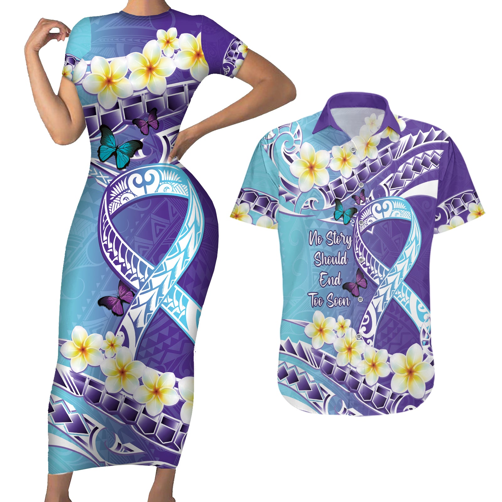 No Story Should End Too Soon Suicide Awareness Couples Matching Short Sleeve Bodycon Dress and Hawaiian Shirt Purple And Teal Polynesian Ribbon