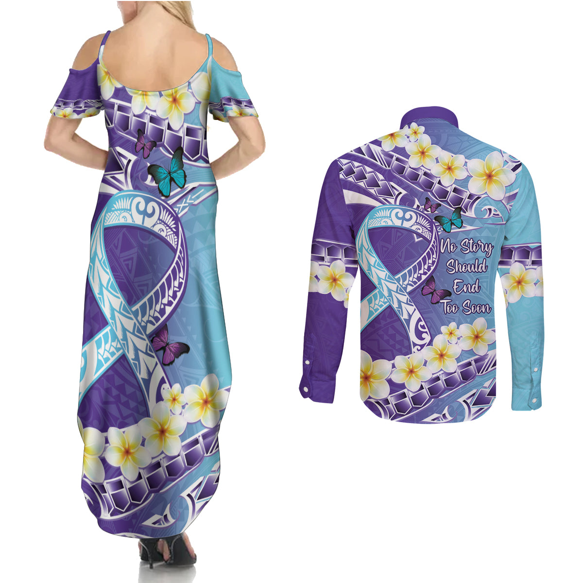 No Story Should End Too Soon Suicide Awareness Couples Matching Summer Maxi Dress and Long Sleeve Button Shirt Purple And Teal Polynesian Ribbon