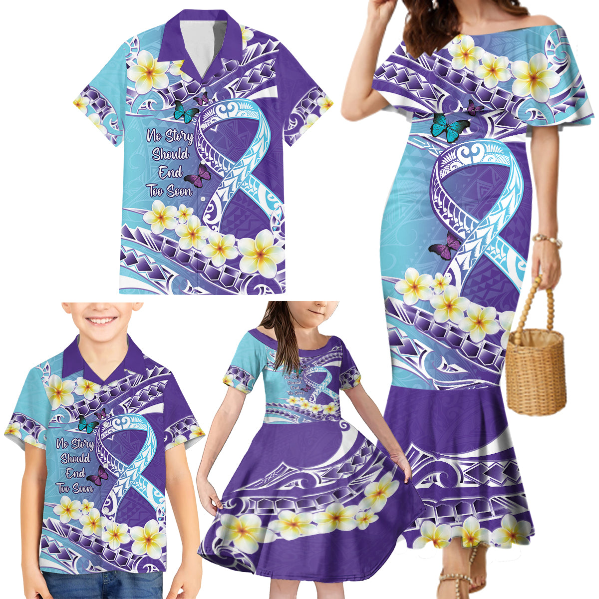 No Story Should End Too Soon Suicide Awareness Family Matching Mermaid Dress and Hawaiian Shirt Purple And Teal Polynesian Ribbon