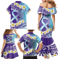 No Story Should End Too Soon Suicide Awareness Family Matching Mermaid Dress and Hawaiian Shirt Purple And Teal Polynesian Ribbon