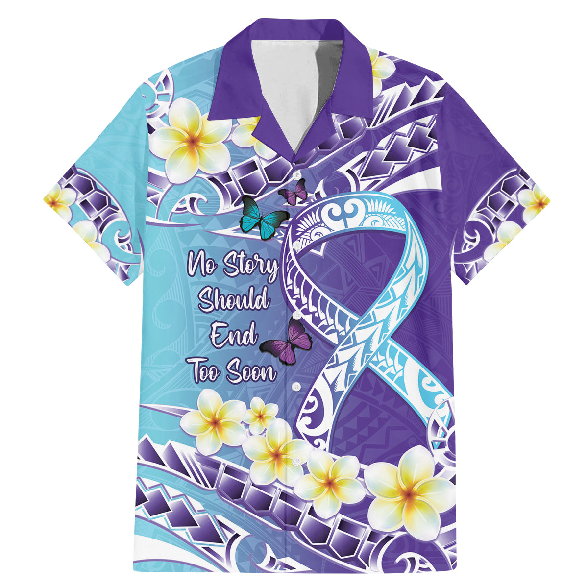 No Story Should End Too Soon Suicide Awareness Family Matching Mermaid Dress and Hawaiian Shirt Purple And Teal Polynesian Ribbon