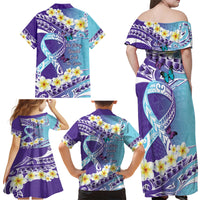 No Story Should End Too Soon Suicide Awareness Family Matching Off Shoulder Maxi Dress and Hawaiian Shirt Purple And Teal Polynesian Ribbon
