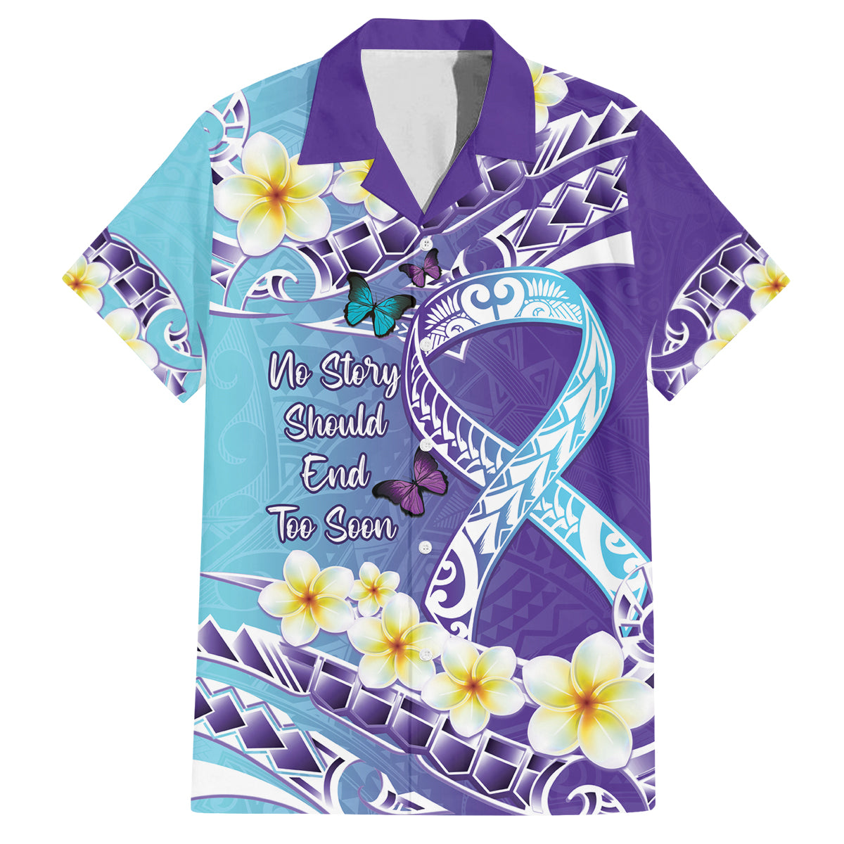 No Story Should End Too Soon Suicide Awareness Family Matching Off Shoulder Maxi Dress and Hawaiian Shirt Purple And Teal Polynesian Ribbon