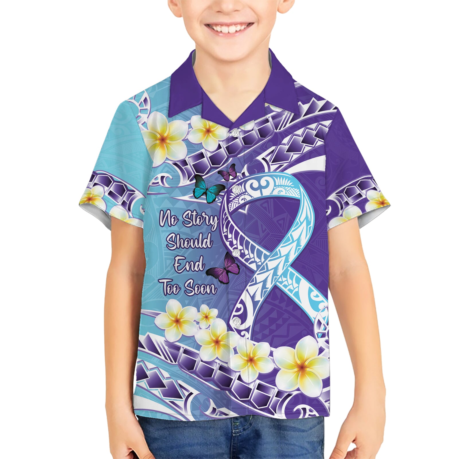 No Story Should End Too Soon Suicide Awareness Kid Hawaiian Shirt Purple And Teal Polynesian Ribbon