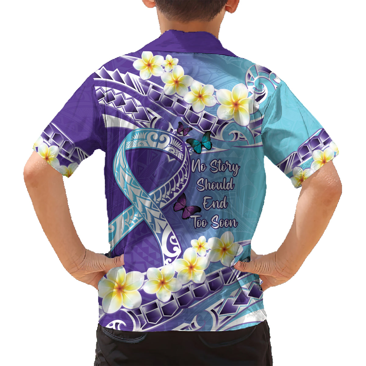 No Story Should End Too Soon Suicide Awareness Kid Hawaiian Shirt Purple And Teal Polynesian Ribbon