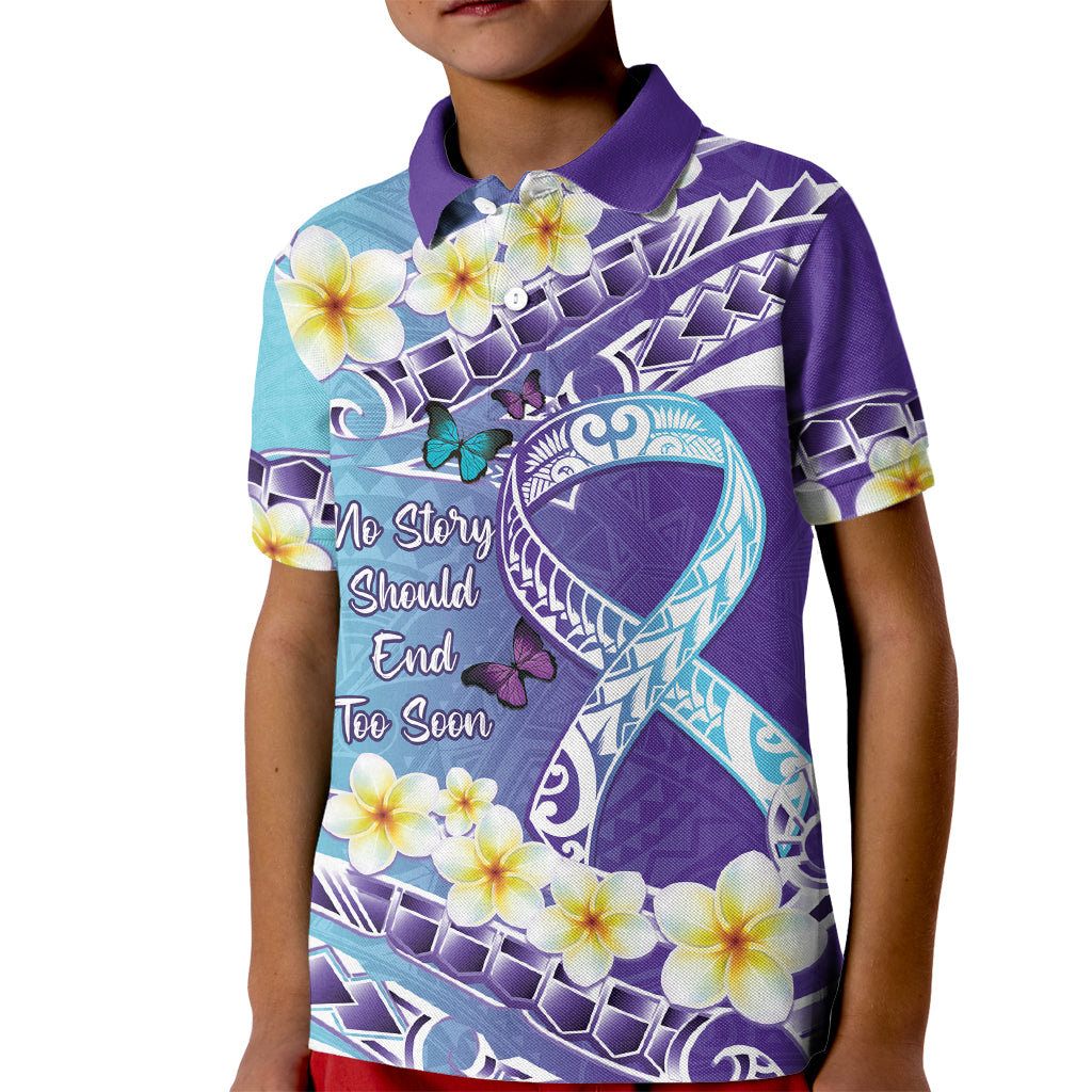 No Story Should End Too Soon Suicide Awareness Kid Polo Shirt Purple And Teal Polynesian Ribbon