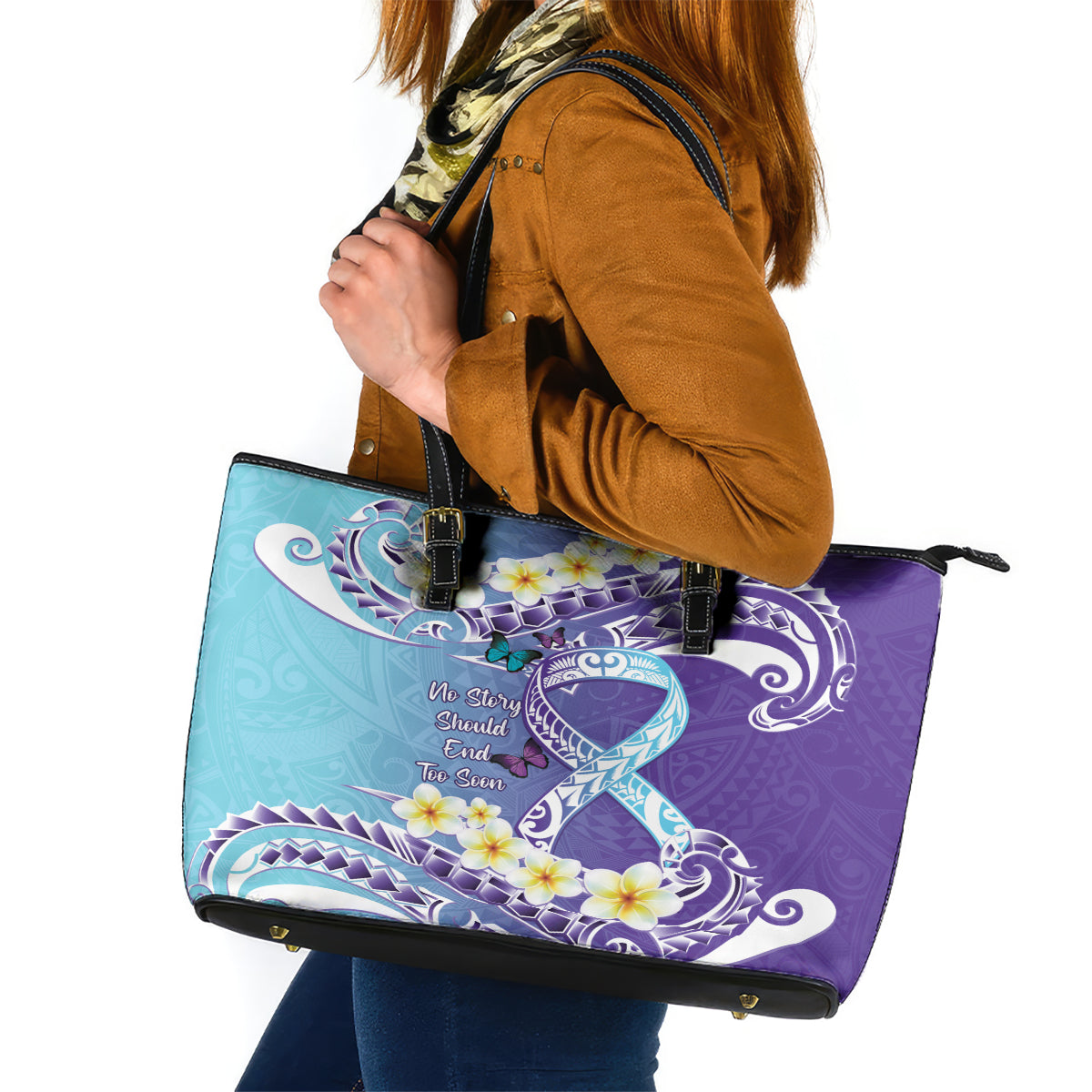 No Story Should End Too Soon Suicide Awareness Leather Tote Bag Purple And Teal Polynesian Ribbon