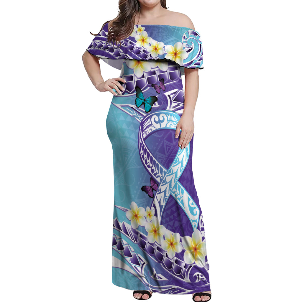 No Story Should End Too Soon Suicide Awareness Off Shoulder Maxi Dress Purple And Teal Polynesian Ribbon