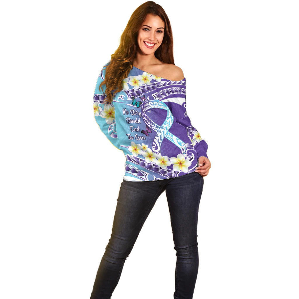 No Story Should End Too Soon Suicide Awareness Off Shoulder Sweater Purple And Teal Polynesian Ribbon