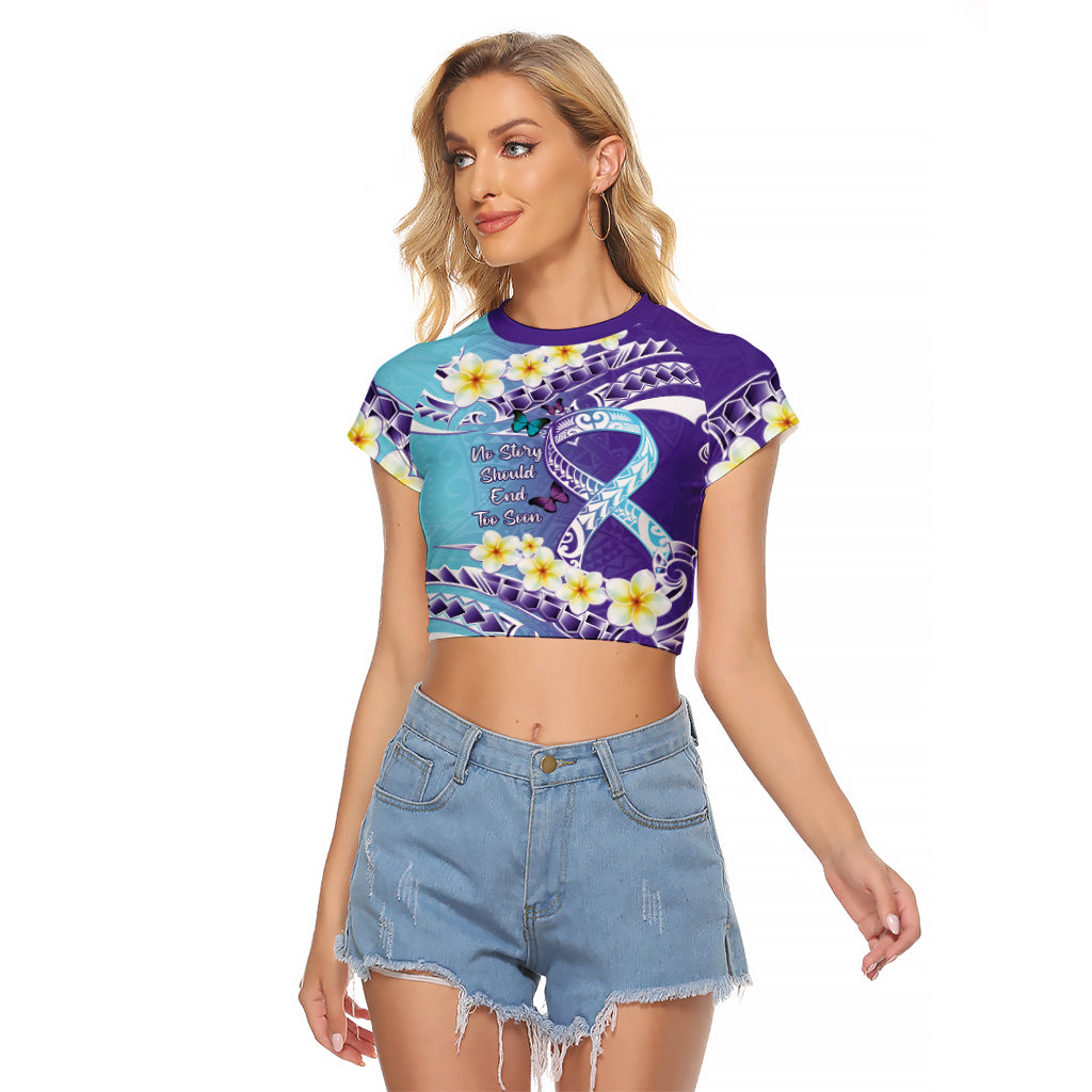 No Story Should End Too Soon Suicide Awareness Raglan Cropped T Shirt Purple And Teal Polynesian Ribbon