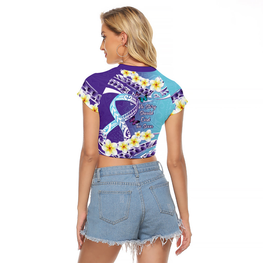 No Story Should End Too Soon Suicide Awareness Raglan Cropped T Shirt Purple And Teal Polynesian Ribbon