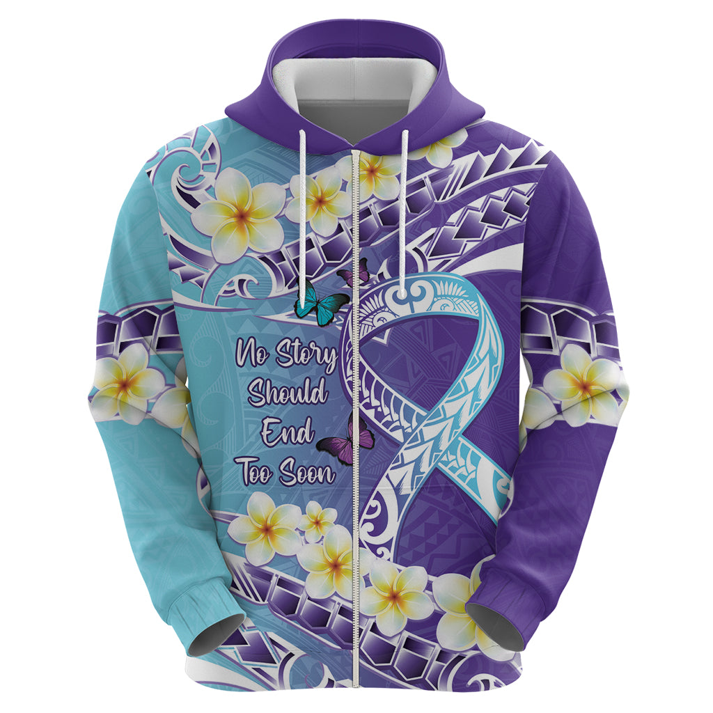 No Story Should End Too Soon Suicide Awareness Zip Hoodie Purple And Teal Polynesian Ribbon