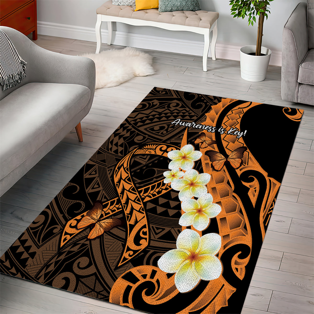 Liver Cancer Awareness Month Area Rug Awareness Is Key Orange Polynesian Ribbon