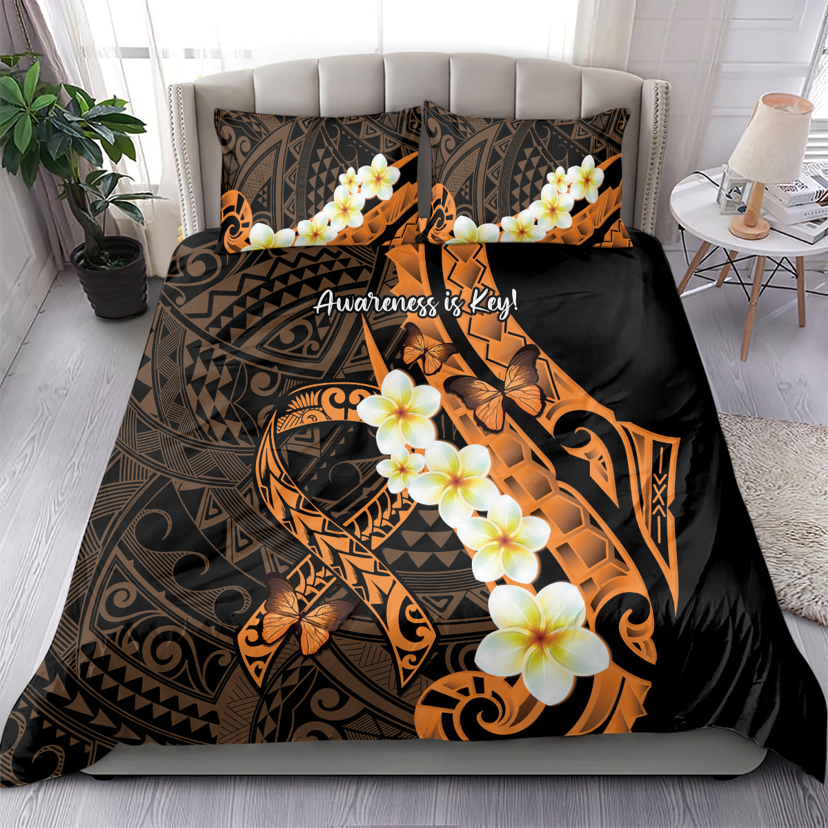 Liver Cancer Awareness Month Bedding Set Awareness Is Key Orange Polynesian Ribbon