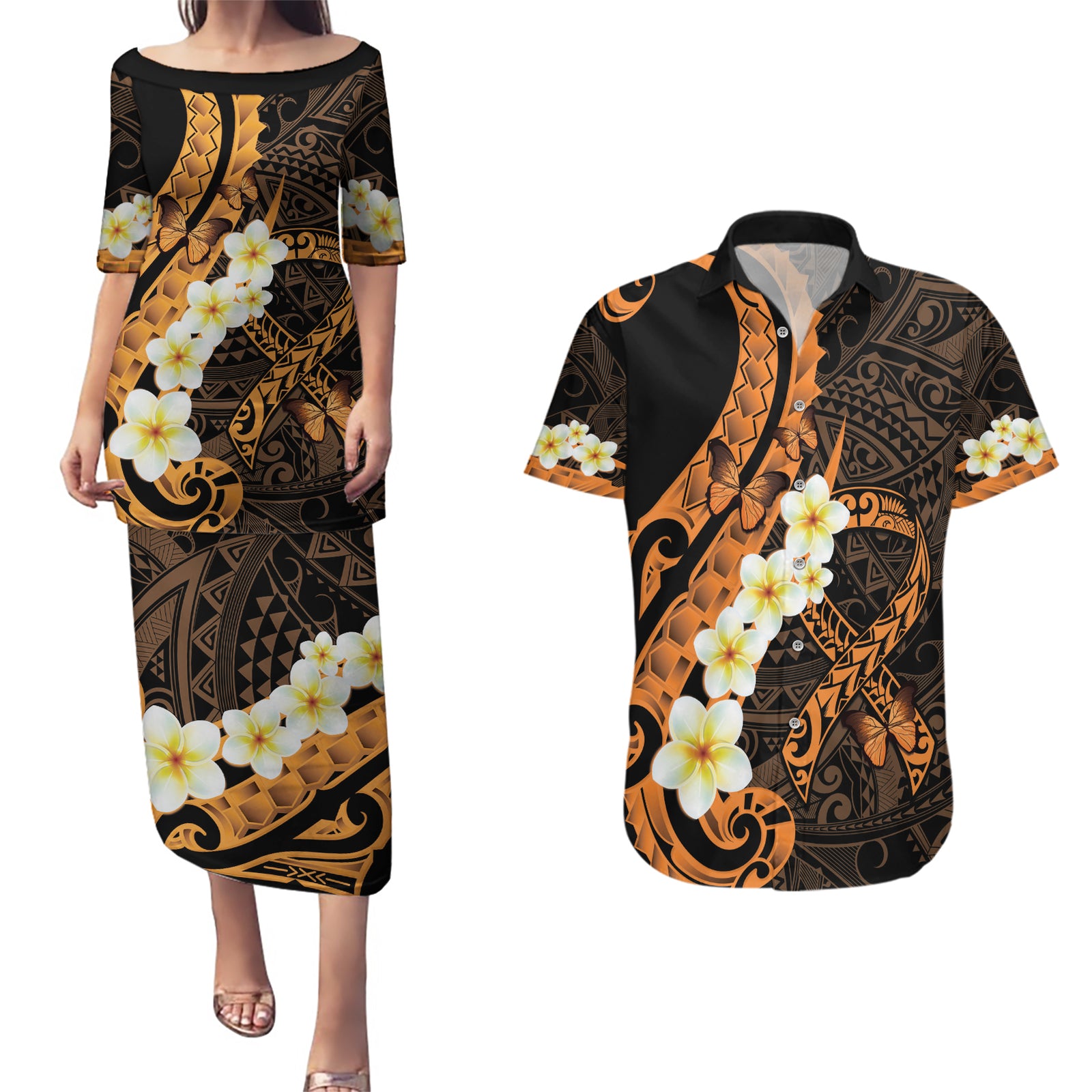 Liver Cancer Awareness Month Couples Matching Puletasi and Hawaiian Shirt Awareness Is Key Orange Polynesian Ribbon