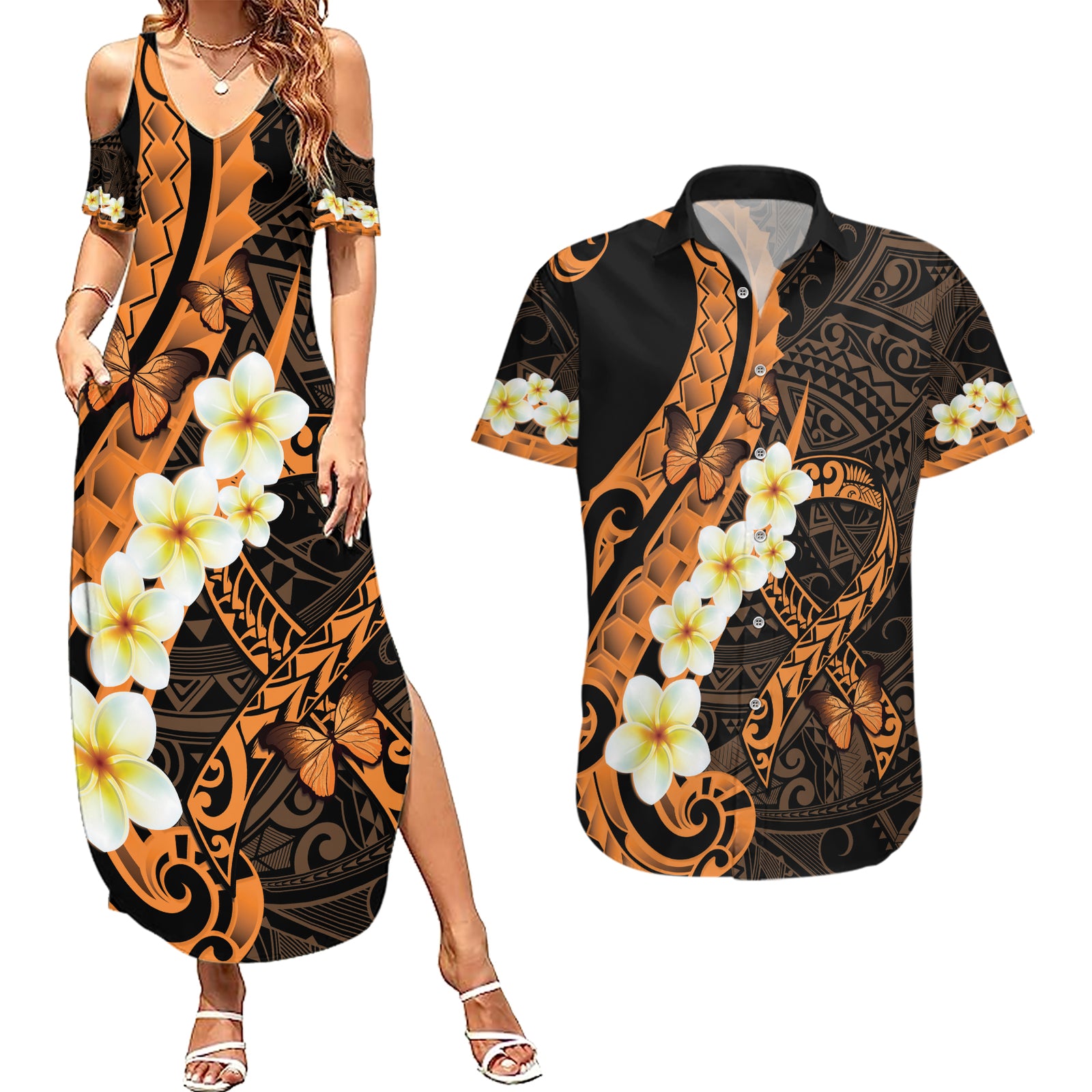 Liver Cancer Awareness Month Couples Matching Summer Maxi Dress and Hawaiian Shirt Awareness Is Key Orange Polynesian Ribbon